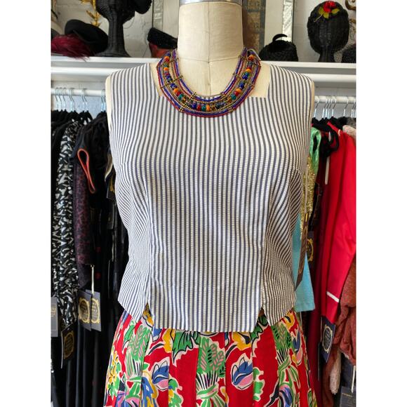 vintage 1960s pinstriped sleeveless top button back chambray white seersucker 34 - Picture 9 of 9